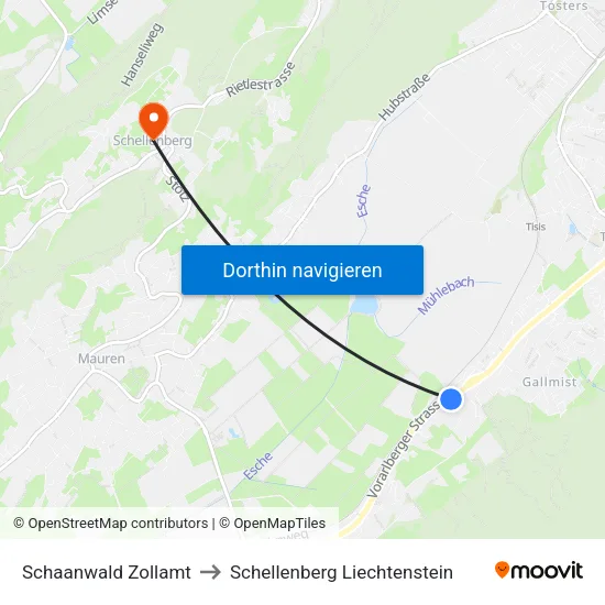 Schaanwald Zollamt to Schellenberg Liechtenstein map