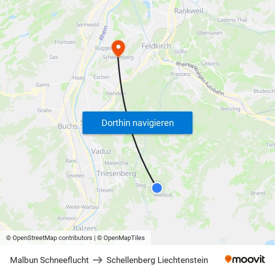 Malbun Schneeflucht to Schellenberg Liechtenstein map