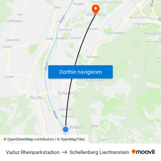 Vaduz Rheinparkstadion to Schellenberg Liechtenstein map