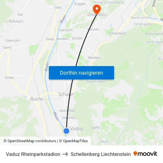 Vaduz Rheinparkstadion to Schellenberg Liechtenstein map