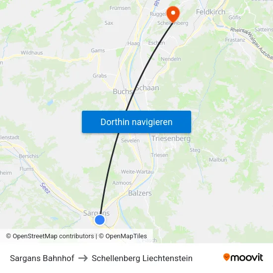 Sargans Bahnhof to Schellenberg Liechtenstein map