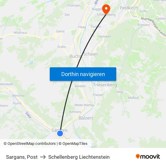 Sargans, Post to Schellenberg Liechtenstein map