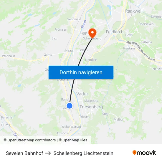 Sevelen Bahnhof to Schellenberg Liechtenstein map