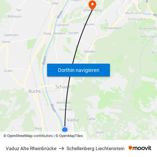 Vaduz Alte Rheinbrücke to Schellenberg Liechtenstein map