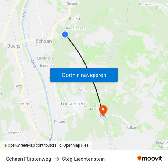 Schaan Fürstenweg to Steg Liechtenstein map