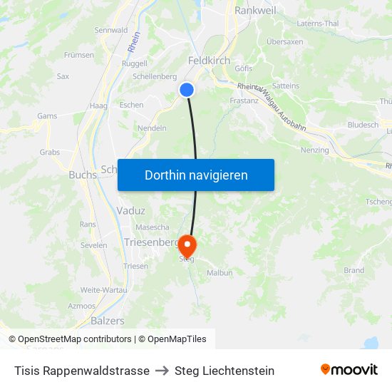 Tisis Rappenwaldstrasse to Steg Liechtenstein map