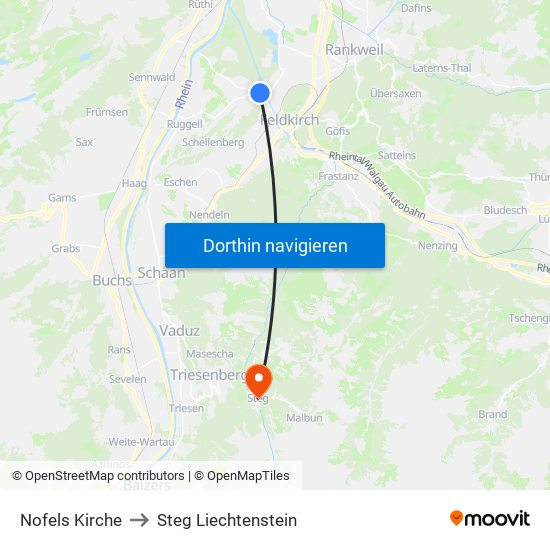 Nofels Kirche to Steg Liechtenstein map