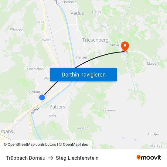 Trübbach Dornau to Steg Liechtenstein map