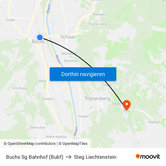 Buchs Sg Bahnhof (Bubf) to Steg Liechtenstein map