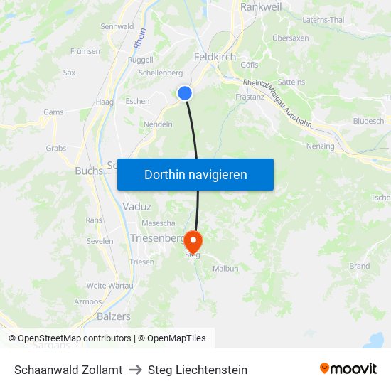 Schaanwald Zollamt to Steg Liechtenstein map