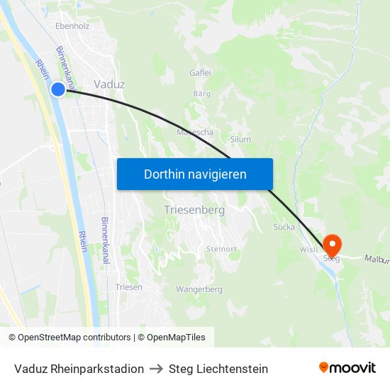 Vaduz Rheinparkstadion to Steg Liechtenstein map