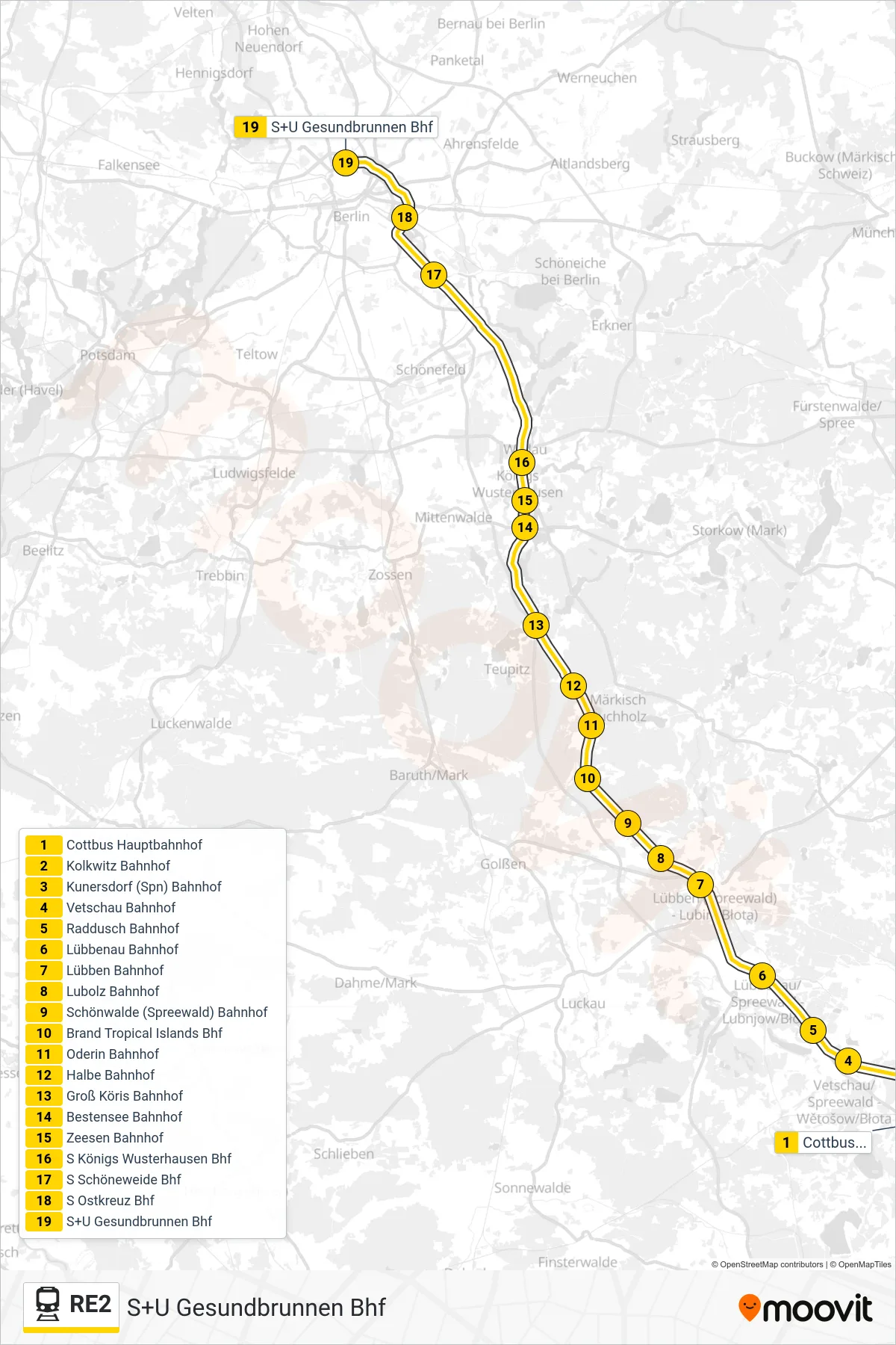 Linie RE2 (Bahn) Richtung S+U Gesundbrunnen Bhf: Route und Haltestellen auf der Karte