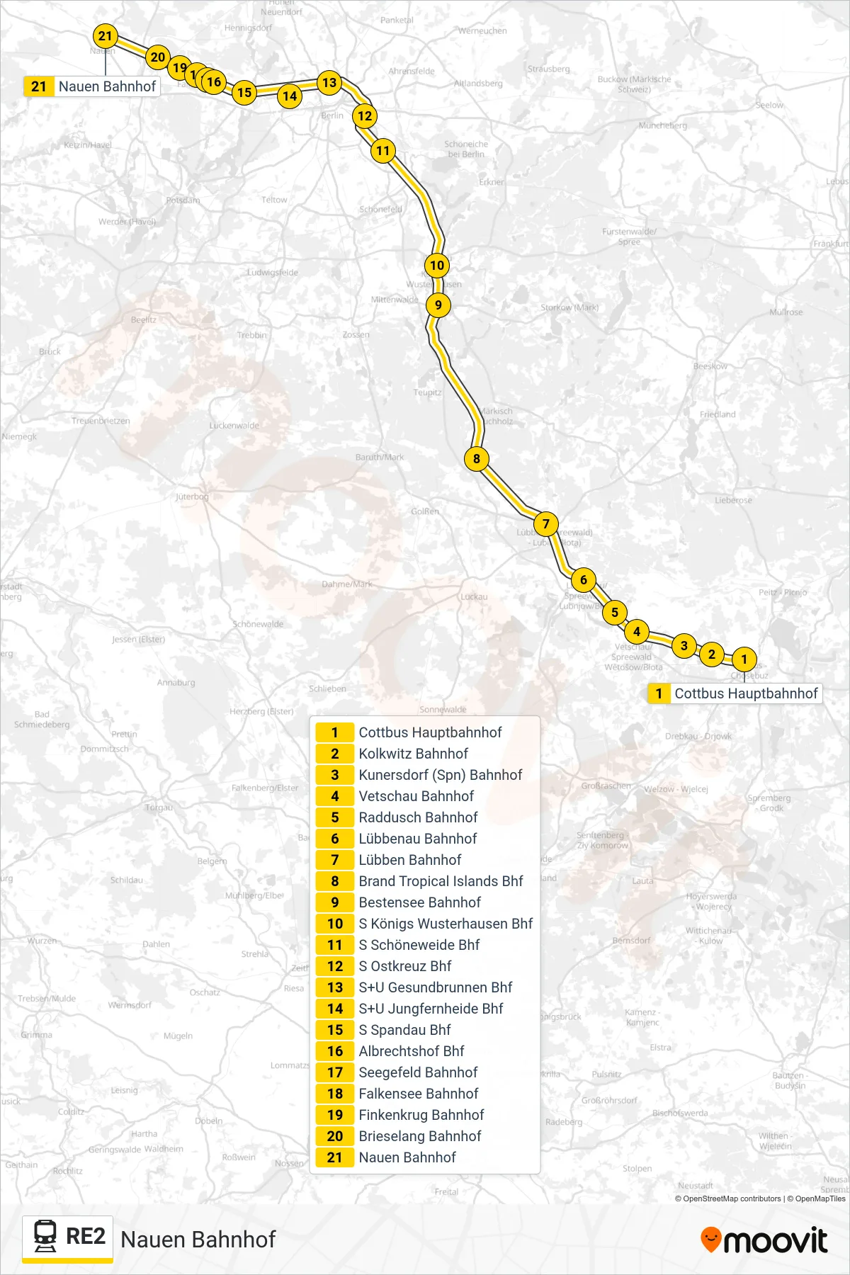 RE2 train Line (Nauen Bahnhof) route and stops on a map
