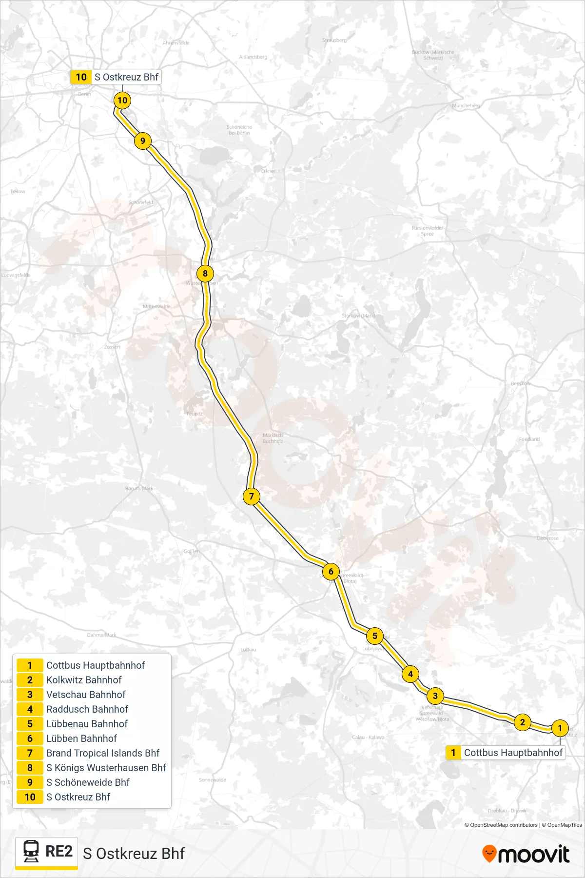 Linie RE2 (Bahn) Richtung S Ostkreuz Bhf: Route und Haltestellen auf der Karte