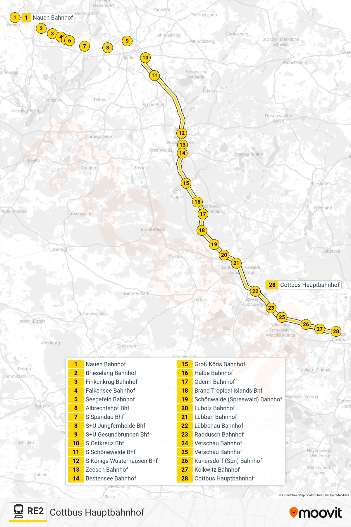 Linie RE2 (Bahn) Richtung Cottbus Hauptbahnhof: Route und Haltestellen auf der Karte