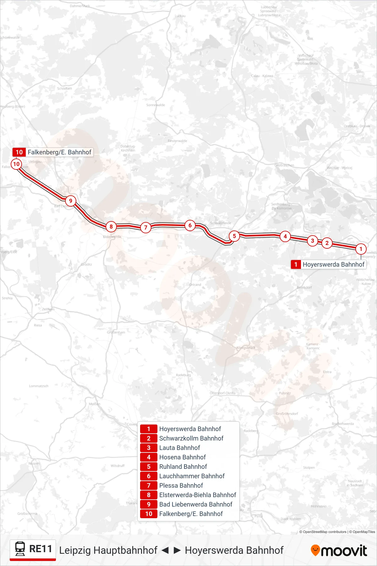 RE11 train Line (Falkenberg/E. Bahnhof) route and stops on a map