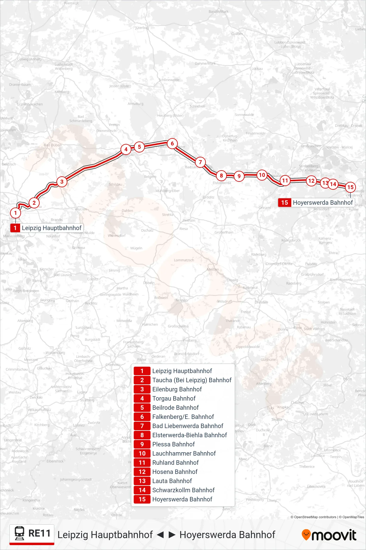 RE11 train Line (Hoyerswerda Bahnhof) route and stops on a map