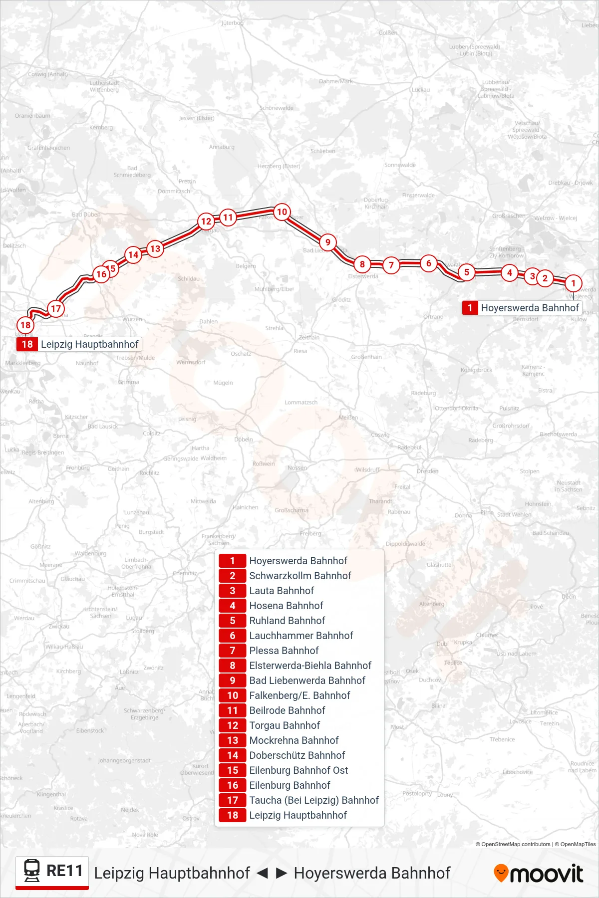 Linie RE11 (Bahn) Richtung Leipzig Hauptbahnhof: Route und Haltestellen auf der Karte