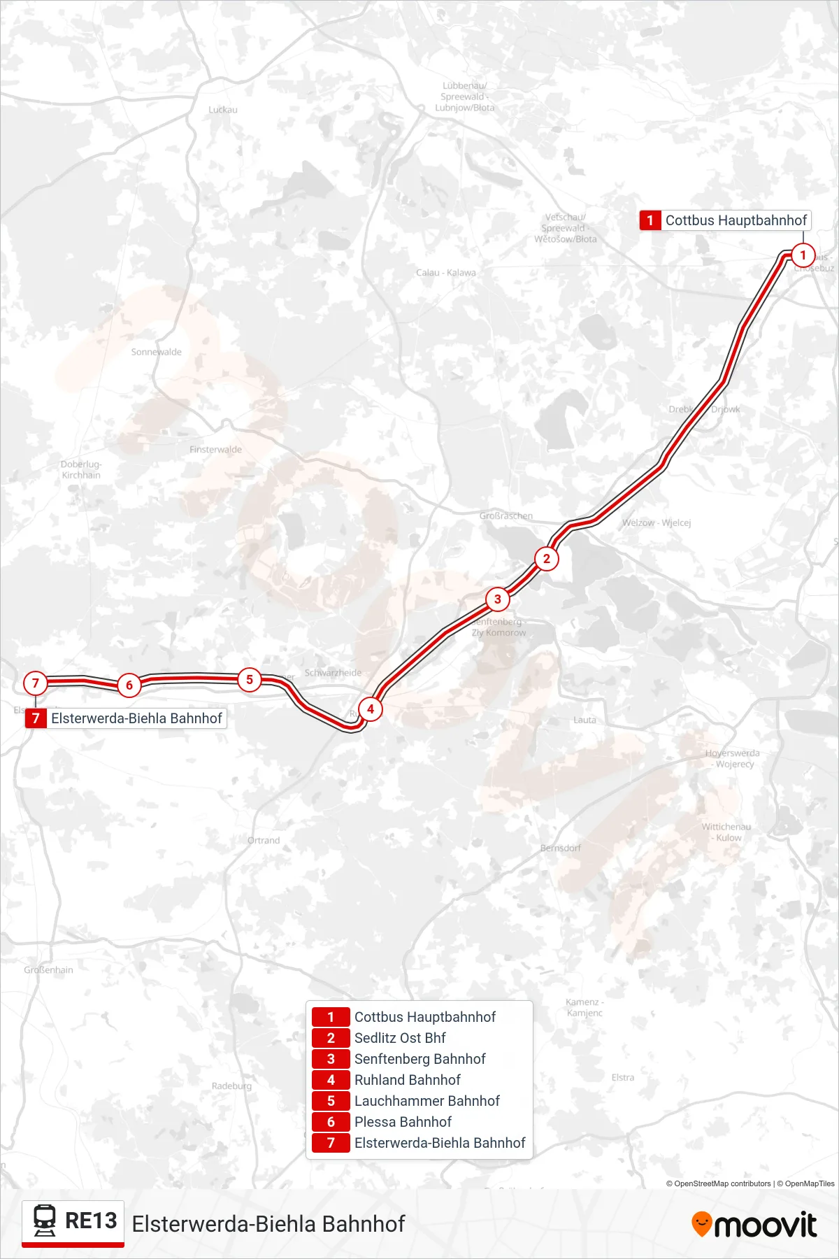 Linie RE13 (Bahn) Richtung Elsterwerda-Biehla Bahnhof: Route und Haltestellen auf der Karte