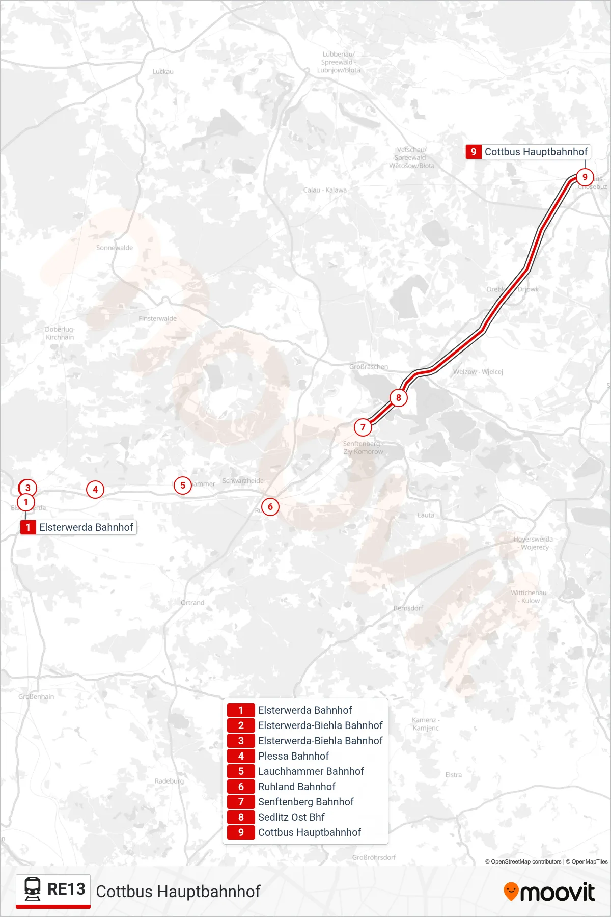Linie RE13 (Bahn) Richtung Cottbus Hauptbahnhof: Route und Haltestellen auf der Karte