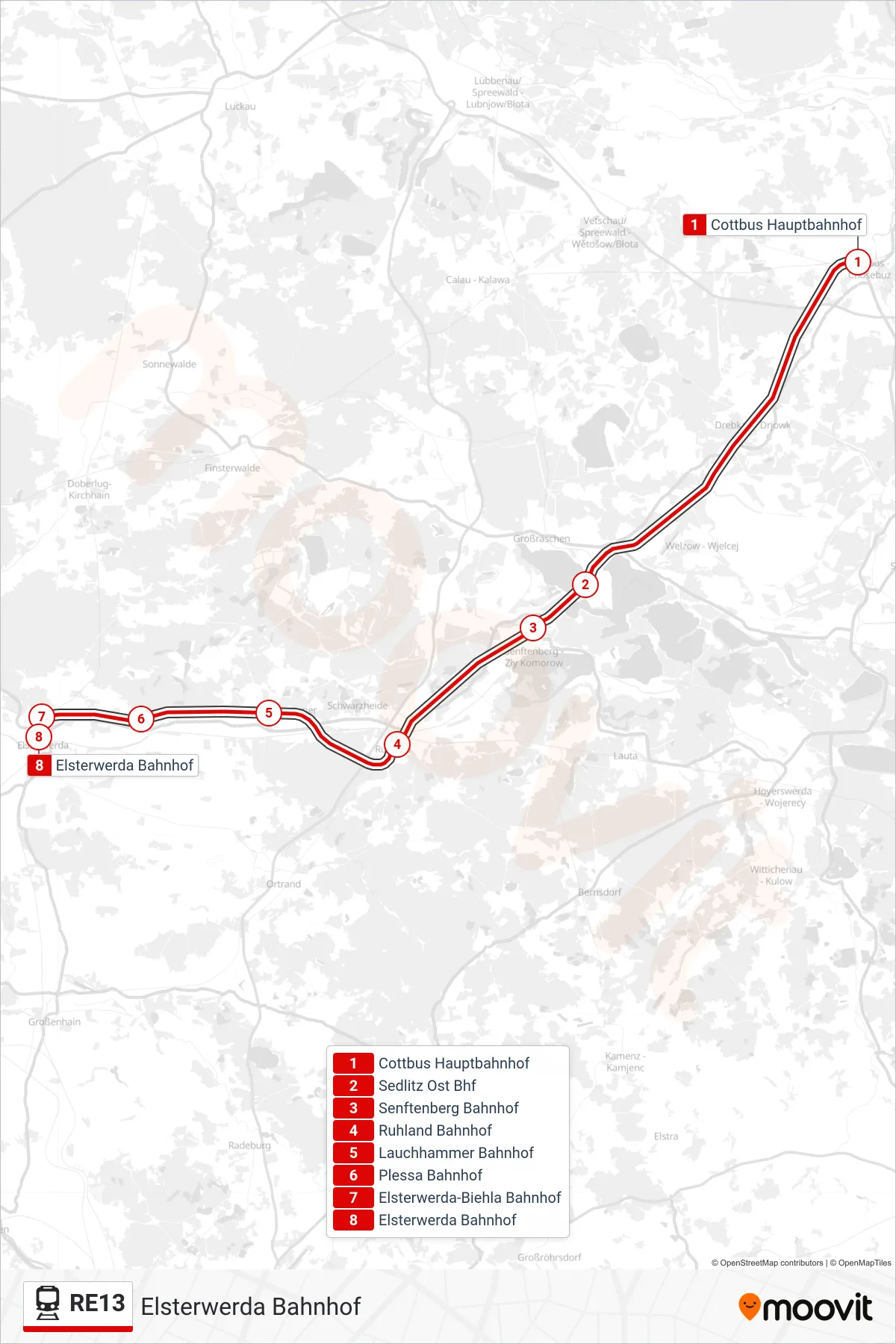 RE13 rail Line (Elsterwerda Bahnhof) route and stops on a map