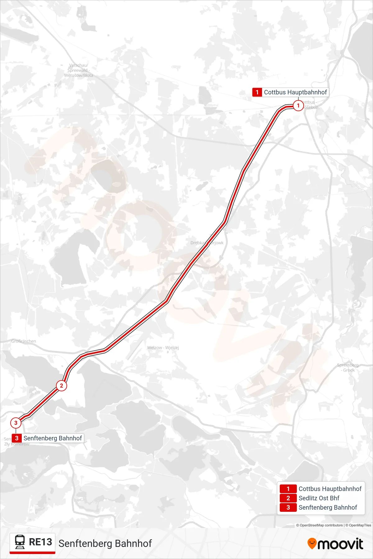 Linie RE13 (Bahn) Richtung Senftenberg Bahnhof: Route und Haltestellen auf der Karte