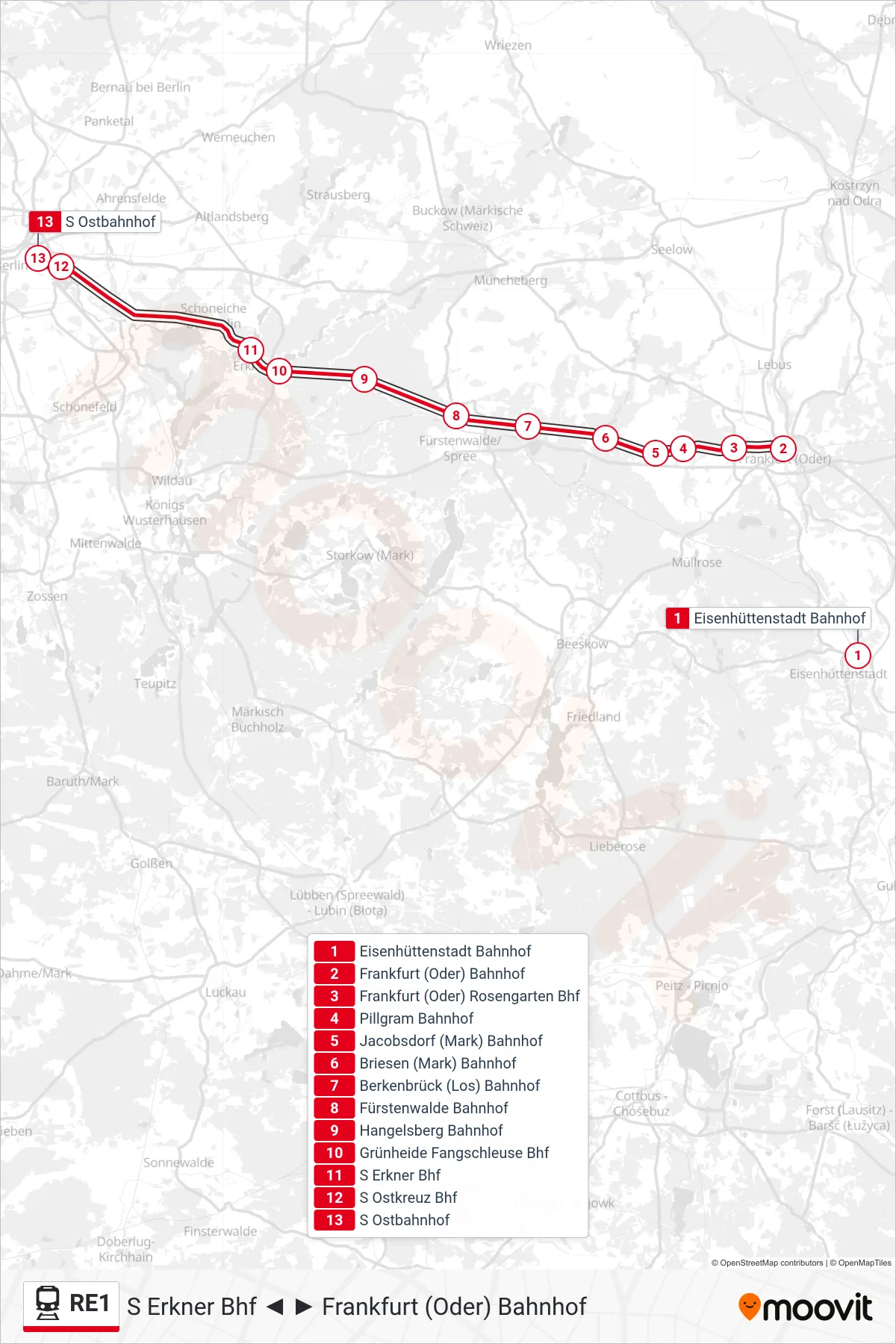 RE1 train Line (S Ostbahnhof) route and stops on a map