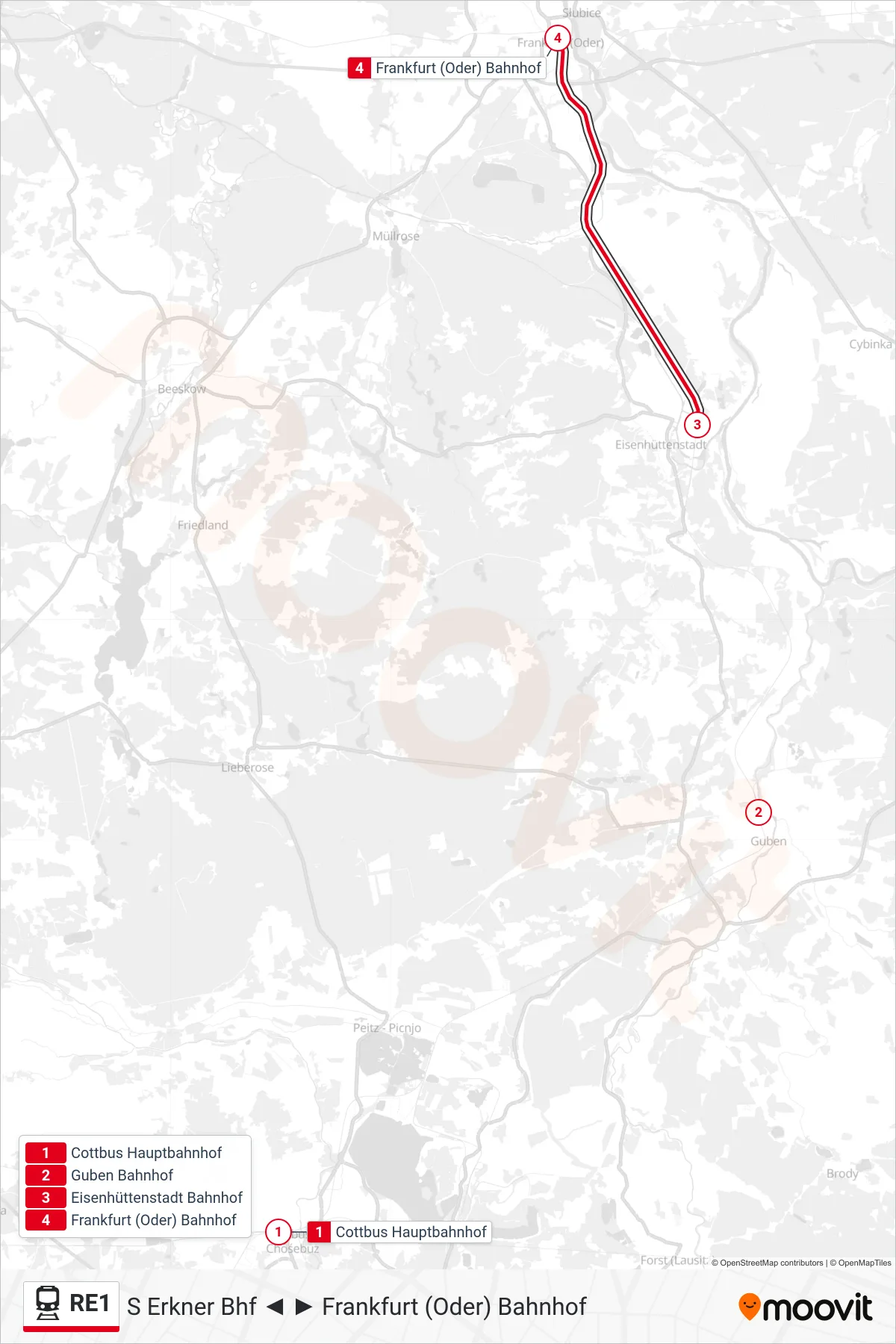 Linie RE1 (Bahn) Richtung Frankfurt (Oder) Bahnhof: Route und Haltestellen auf der Karte