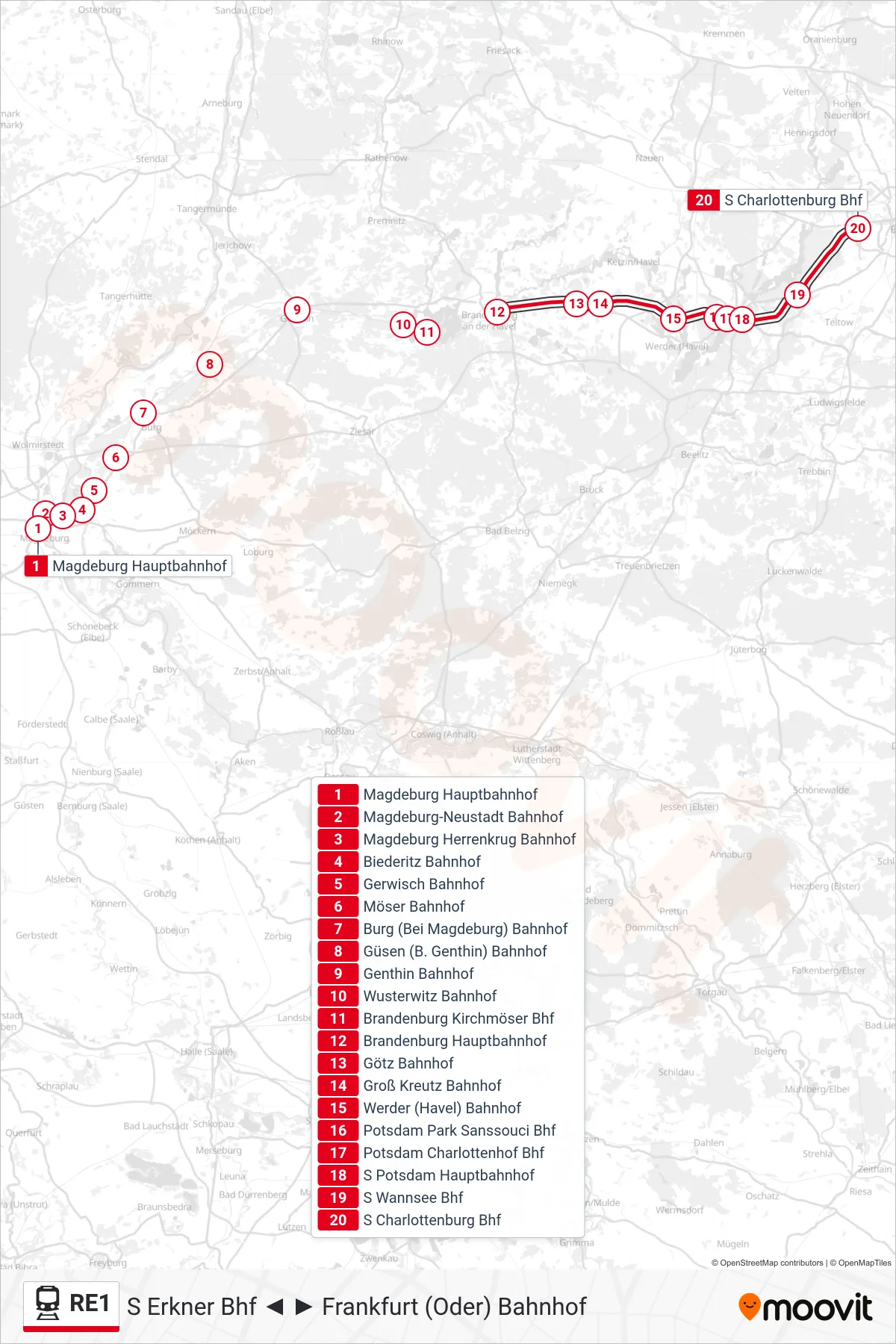 Linie RE1 (Bahn) Richtung S Charlottenburg Bhf: Route und Haltestellen auf der Karte