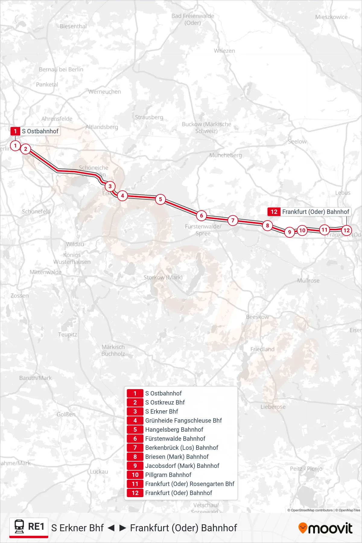 RE1 train Line (Frankfurt (Oder) Bahnhof) route and stops on a map