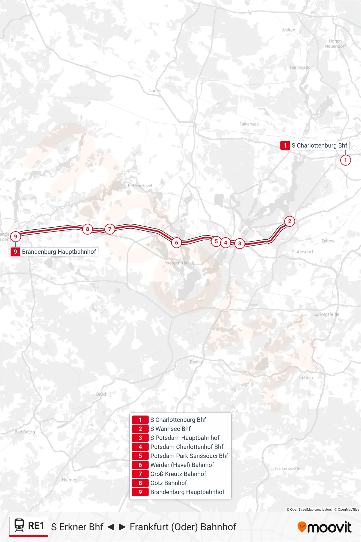 Linie RE1 (Bahn) Richtung Brandenburg Hauptbahnhof: Route und Haltestellen auf der Karte