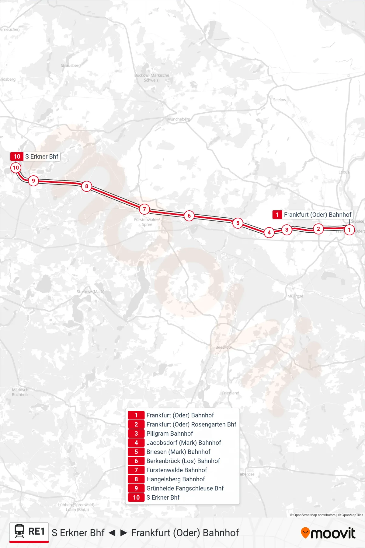 Linie RE1 (Bahn) Richtung S Erkner Bhf: Route und Haltestellen auf der Karte
