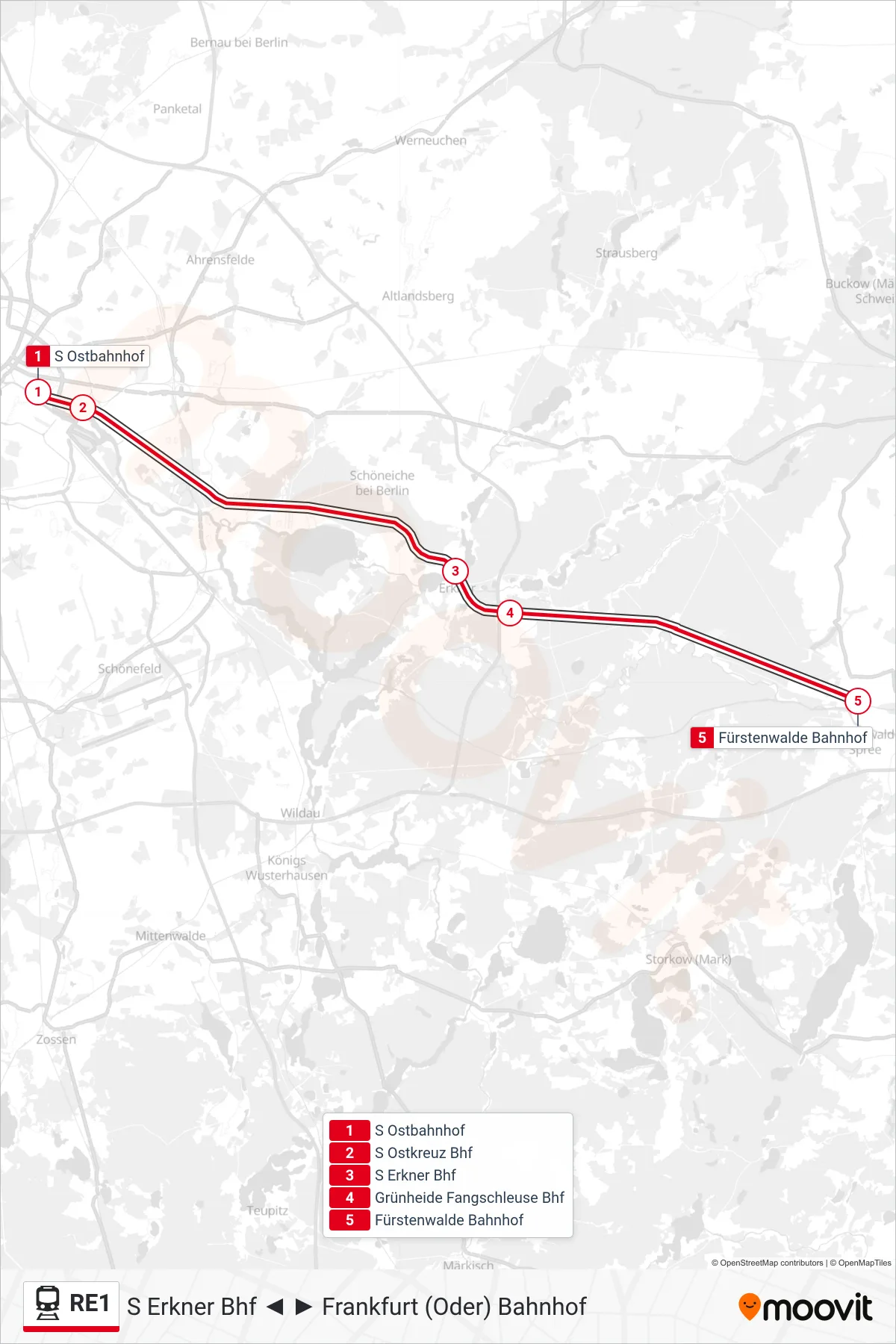 RE1 rail Line (Fürstenwalde Bahnhof) route and stops on a map