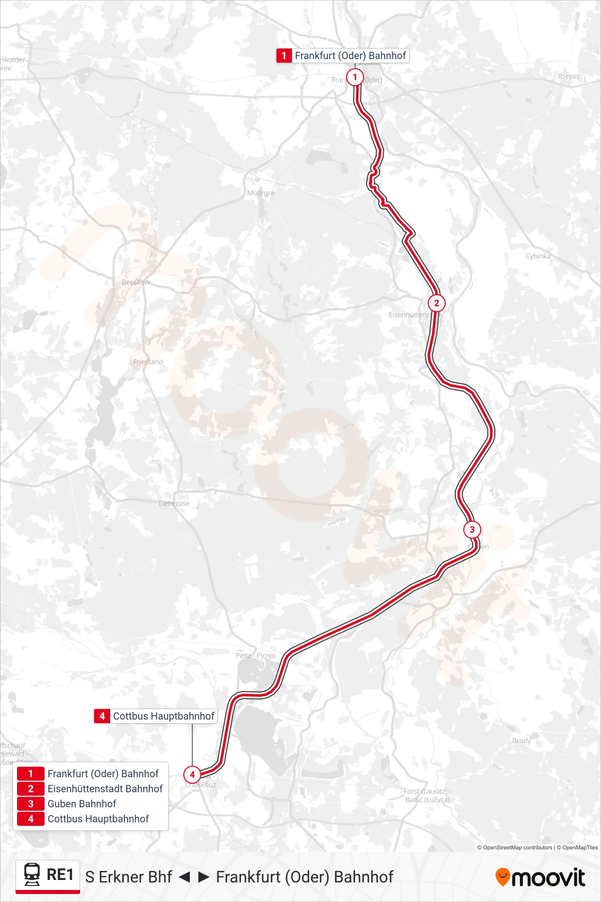 RE1 train Line (Cottbus Hauptbahnhof) route and stops on a map