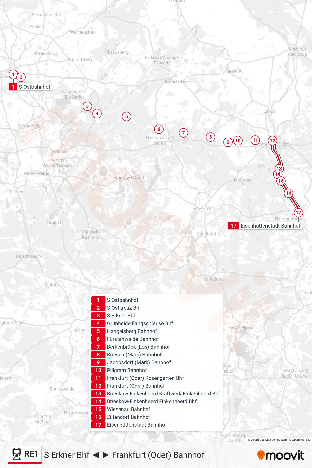 RE1 train Line (Eisenhüttenstadt Bahnhof) route and stops on a map