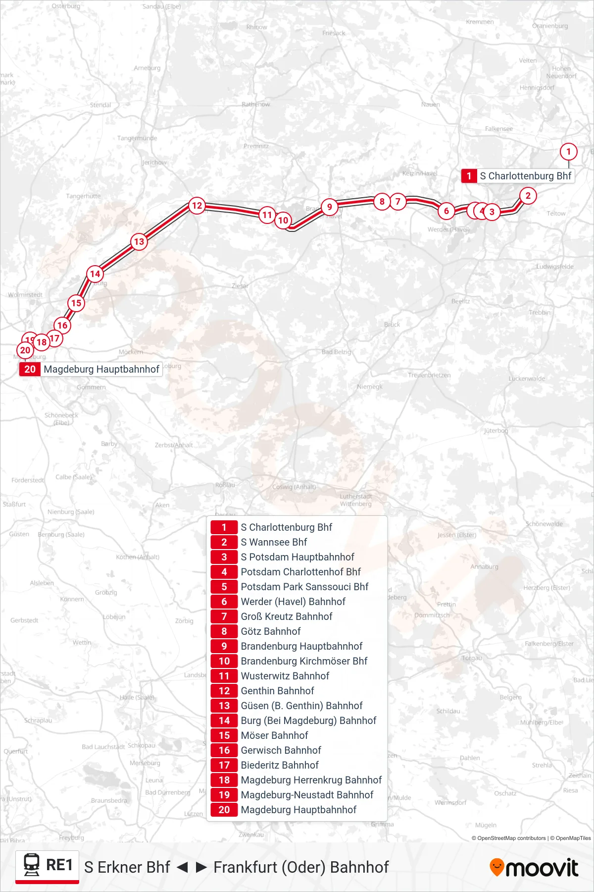 Linie RE1 (Bahn) Richtung Magdeburg Hauptbahnhof: Route und Haltestellen auf der Karte