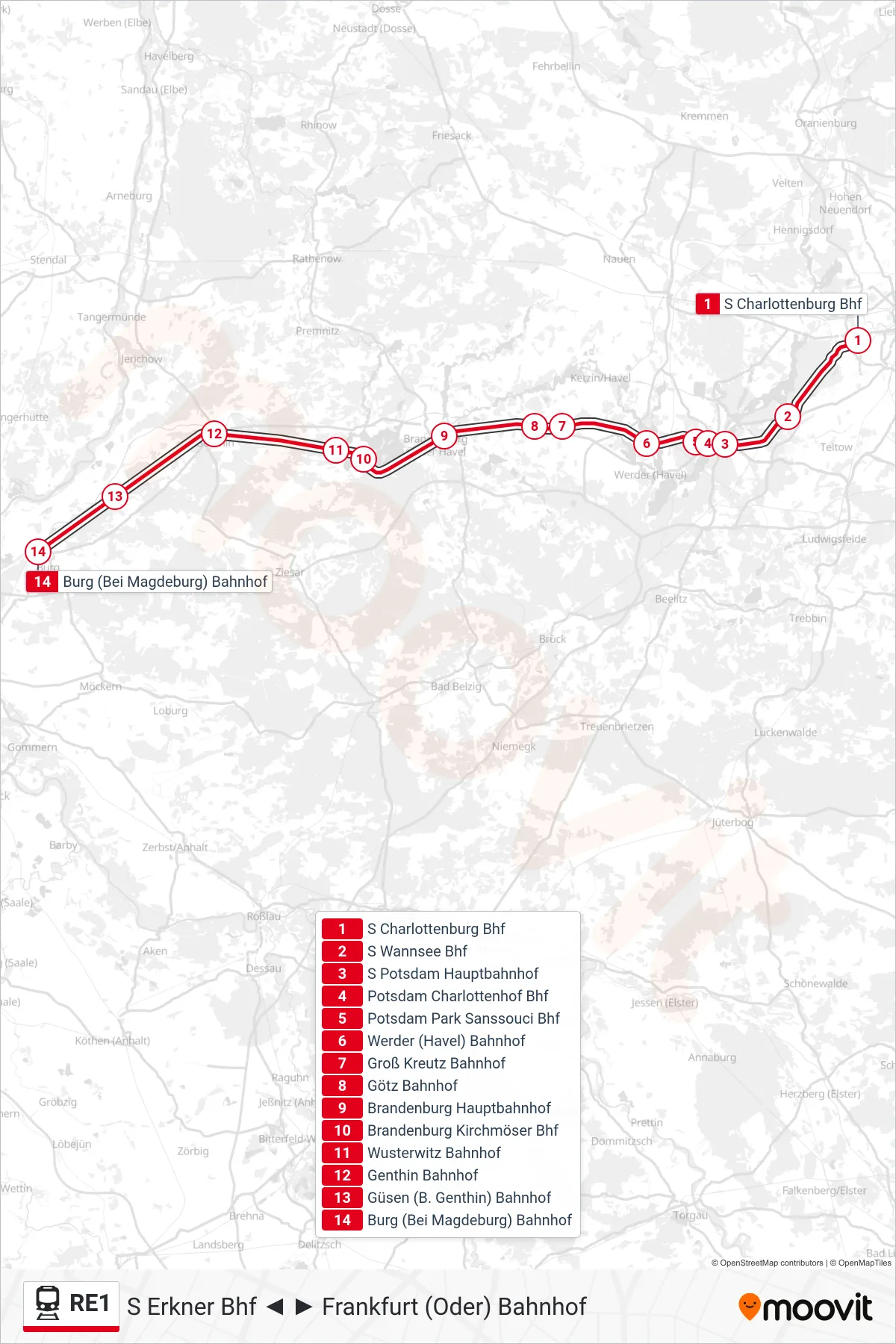 RE1 rail Line (Burg (Bei Magdeburg) Bahnhof) route and stops on a map