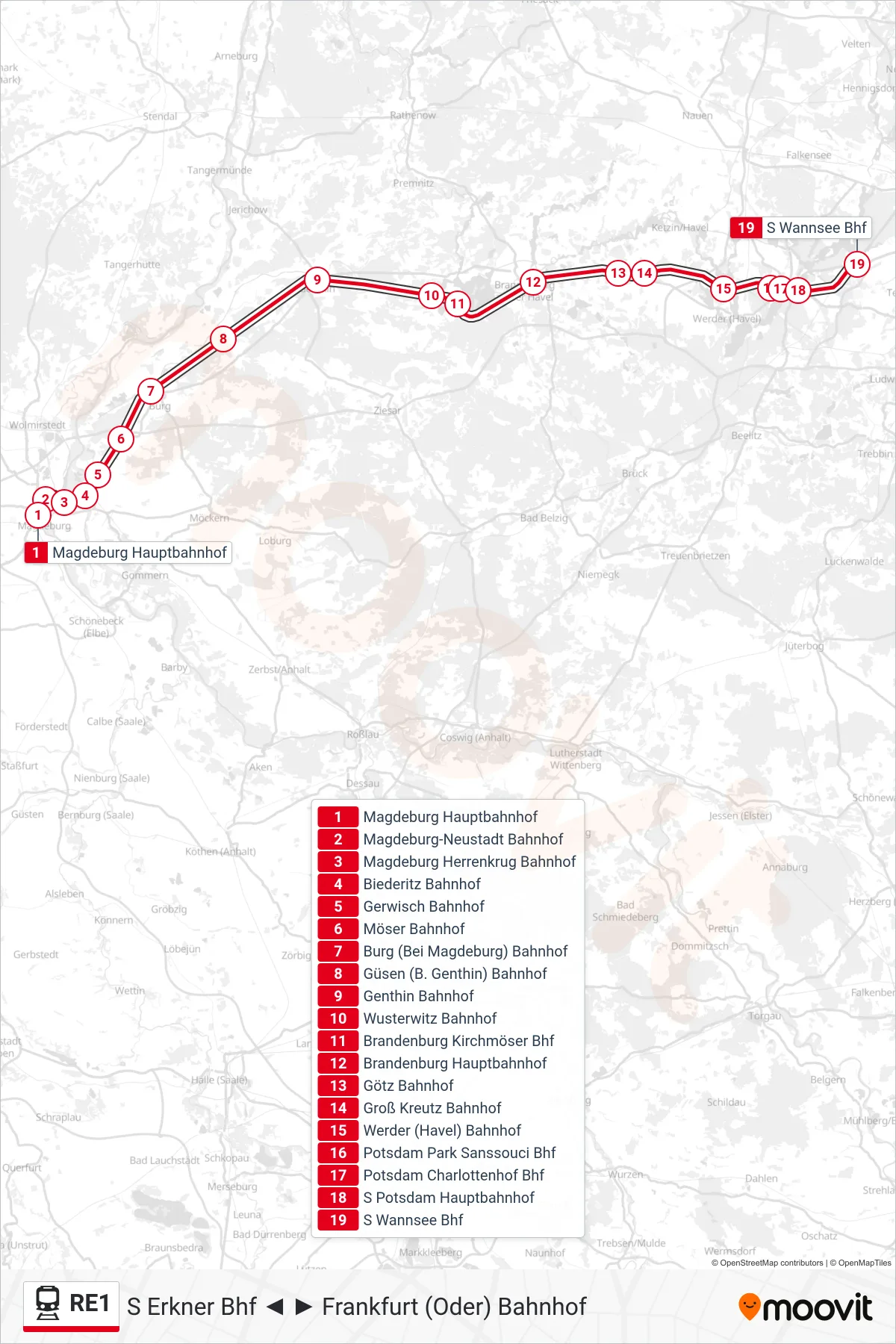 RE1 rail Line (S Wannsee Bhf) route and stops on a map