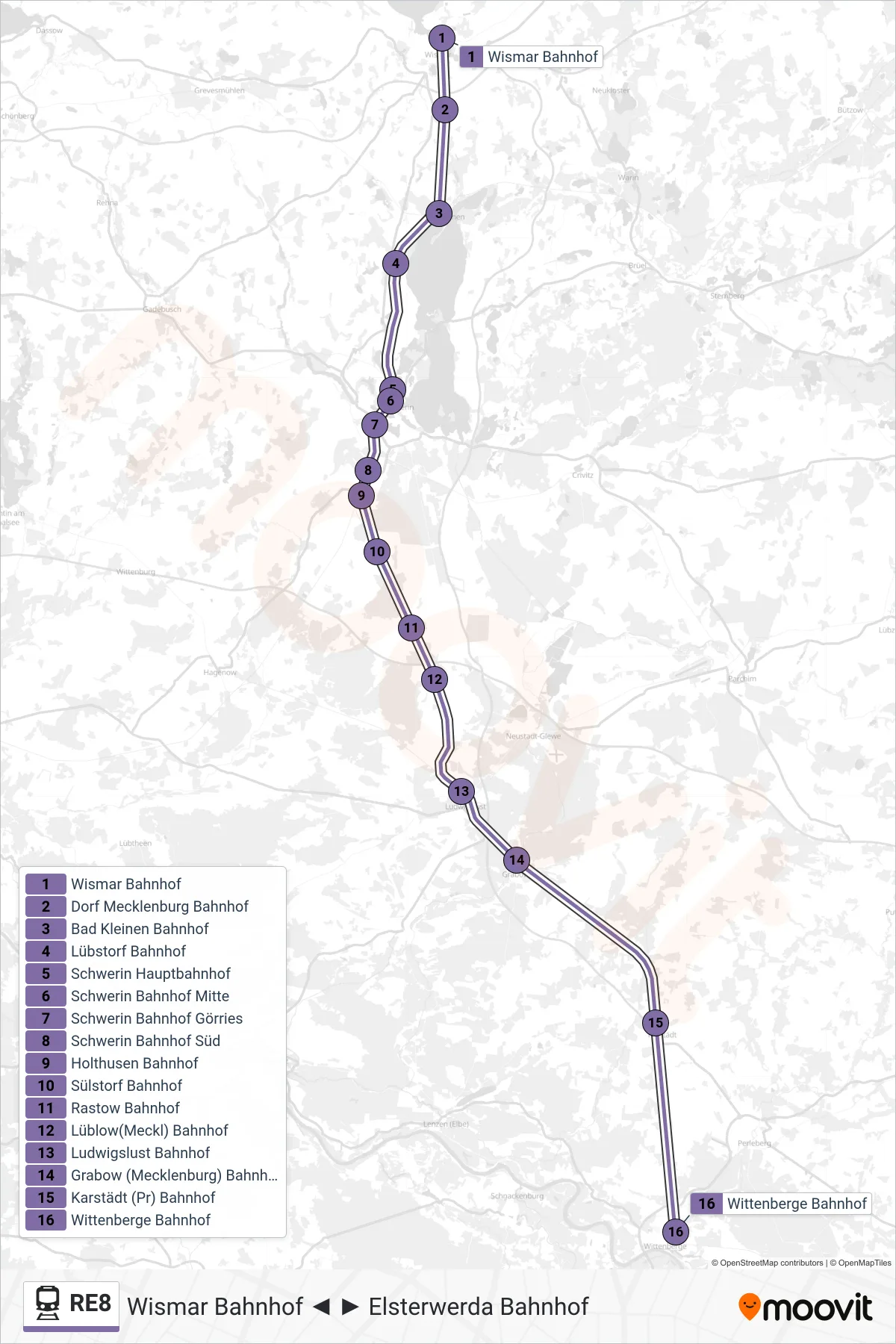 Linie RE8 (Bahn) Richtung Wittenberge Bahnhof: Route und Haltestellen auf der Karte