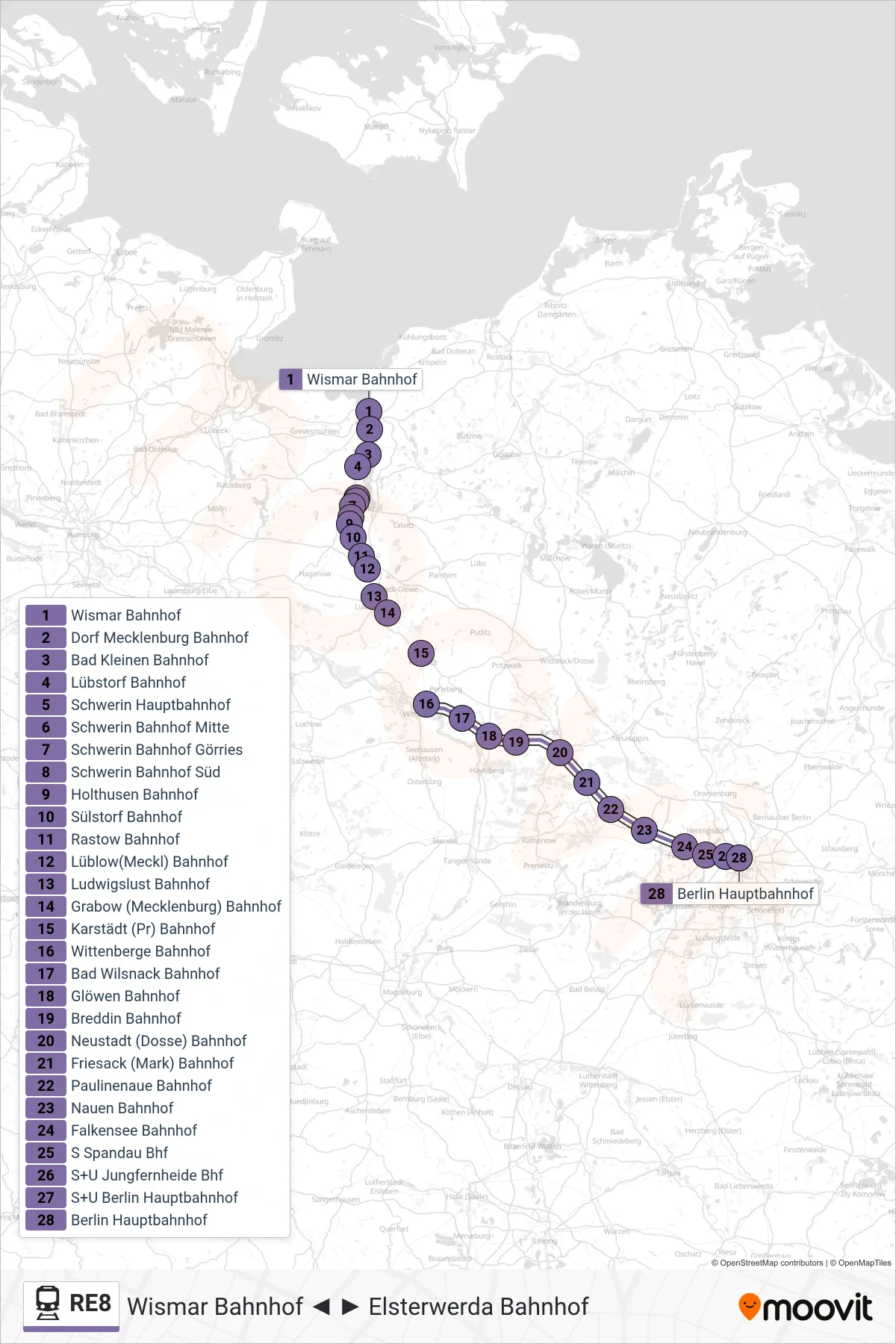 Linie RE8 (Bahn) Richtung S+U Berlin Hauptbahnhof: Route und Haltestellen auf der Karte
