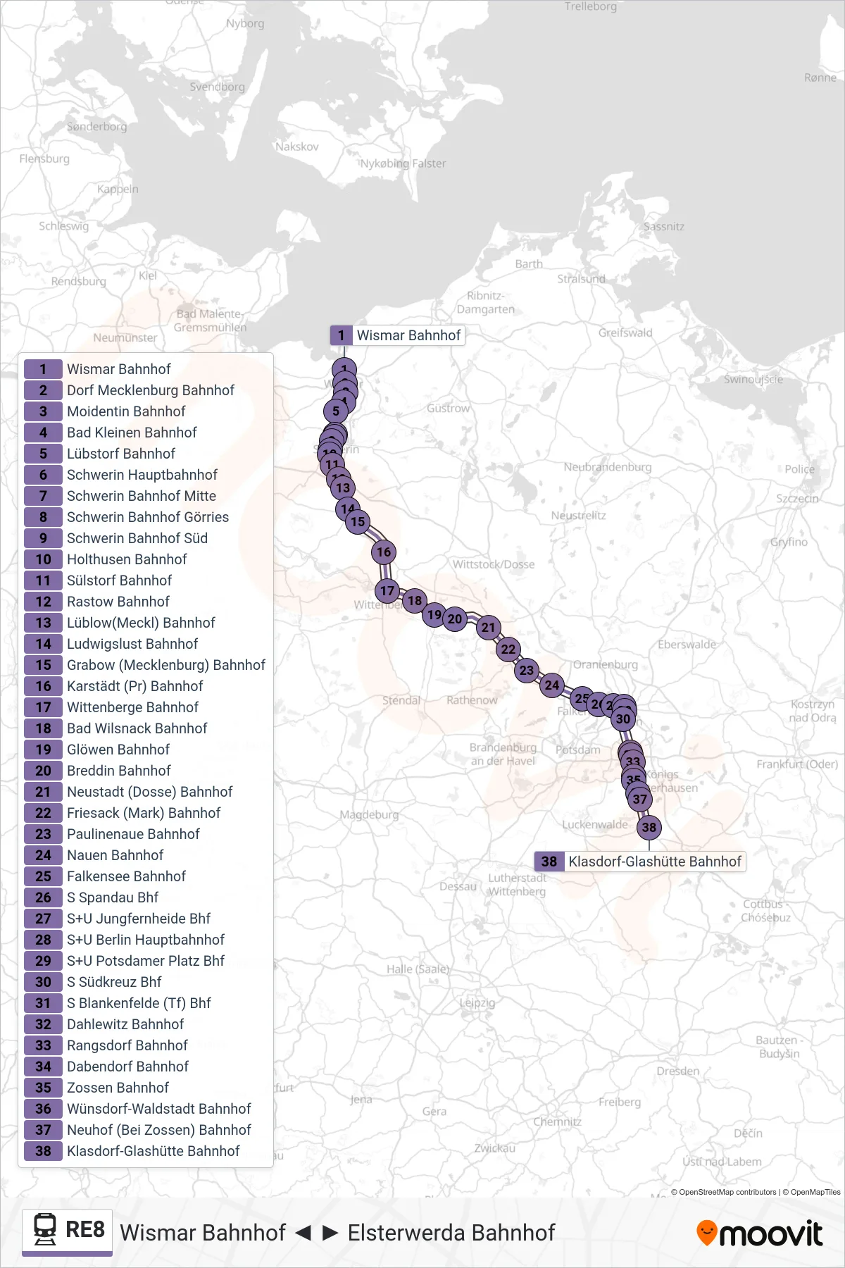 RE8 train Line (Klasdorf-Glashütte Bahnhof) route and stops on a map