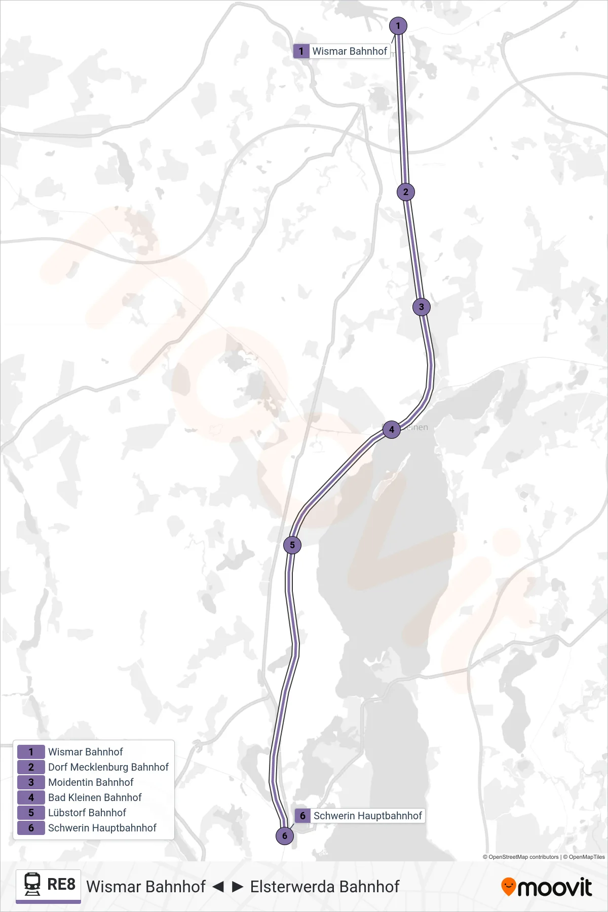 Linie RE8 (Bahn) Richtung Schwerin Hauptbahnhof: Route und Haltestellen auf der Karte