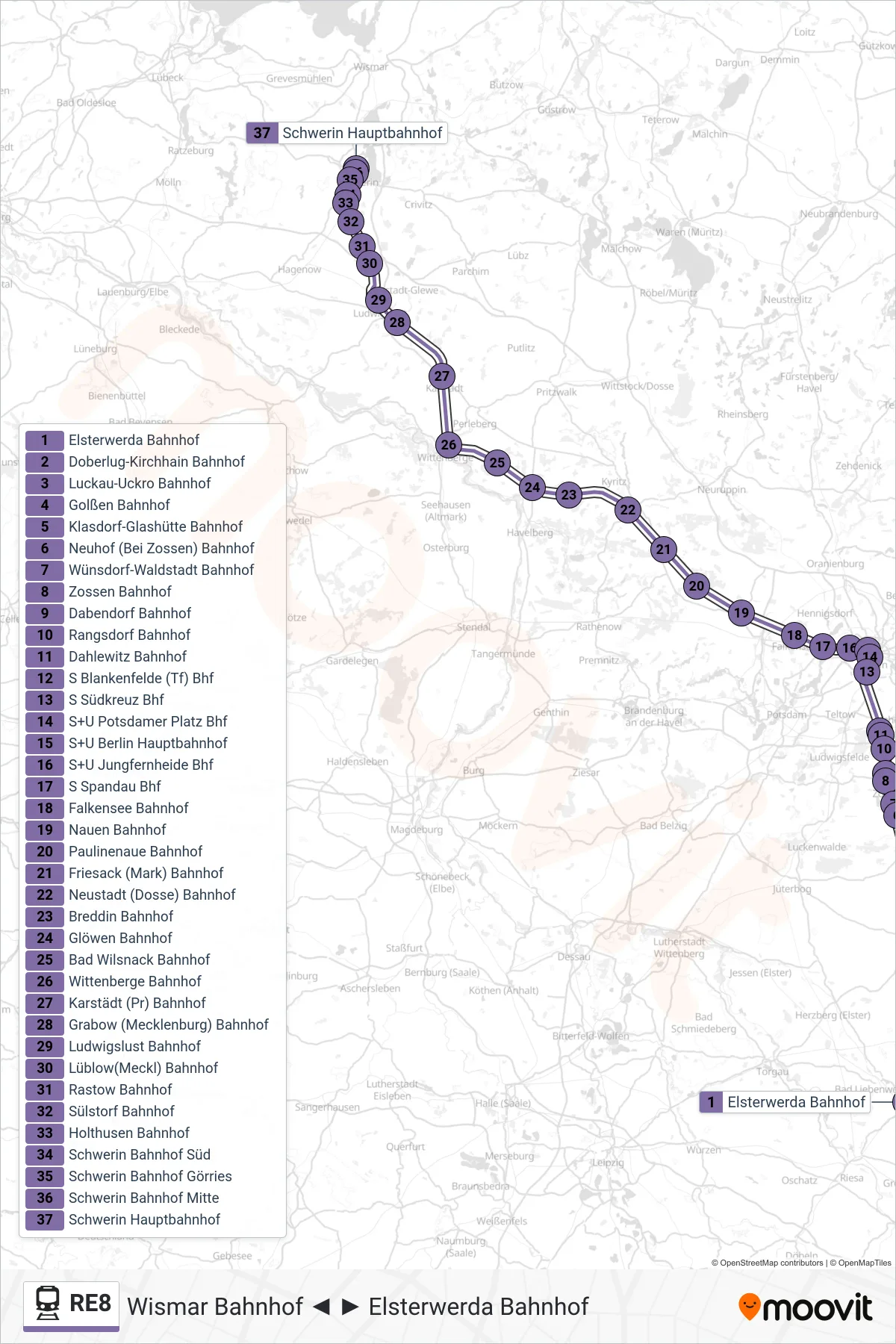 RE8 train Line (Schwerin Hauptbahnhof) route and stops on a map