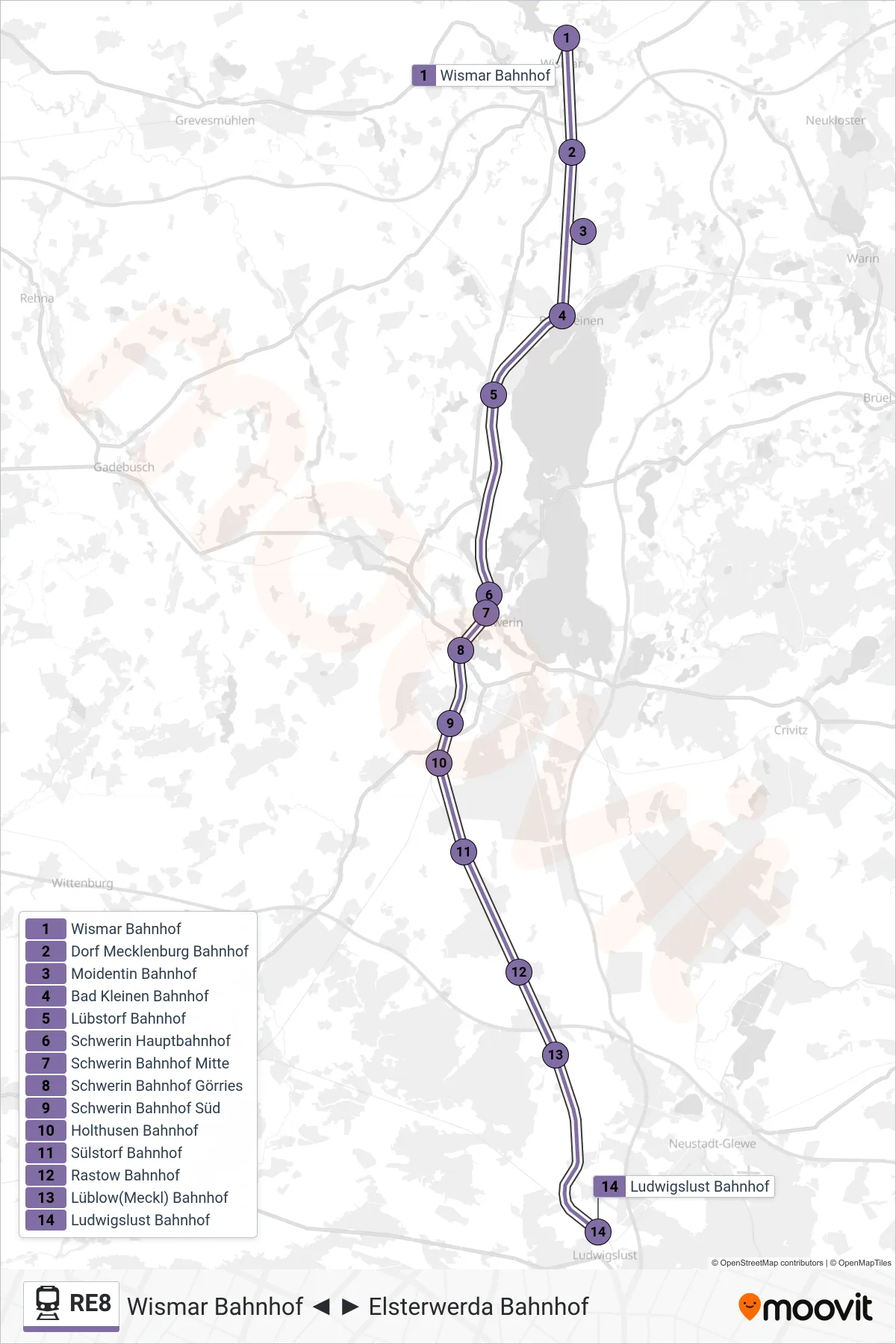 Linie RE8 (Bahn) Richtung Ludwigslust Bahnhof: Route und Haltestellen auf der Karte