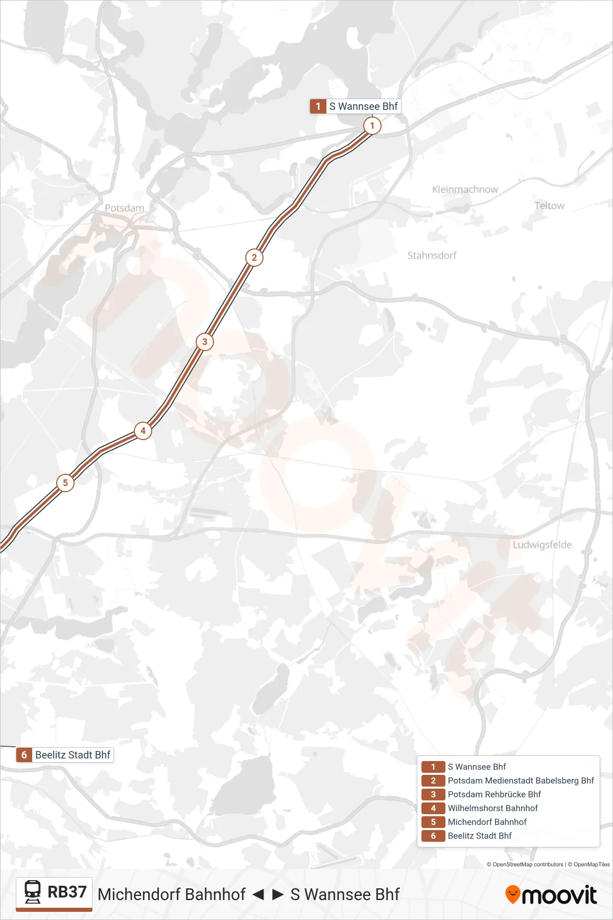 RB37 rail Line (Beelitz Stadt Bhf) route and stops on a map