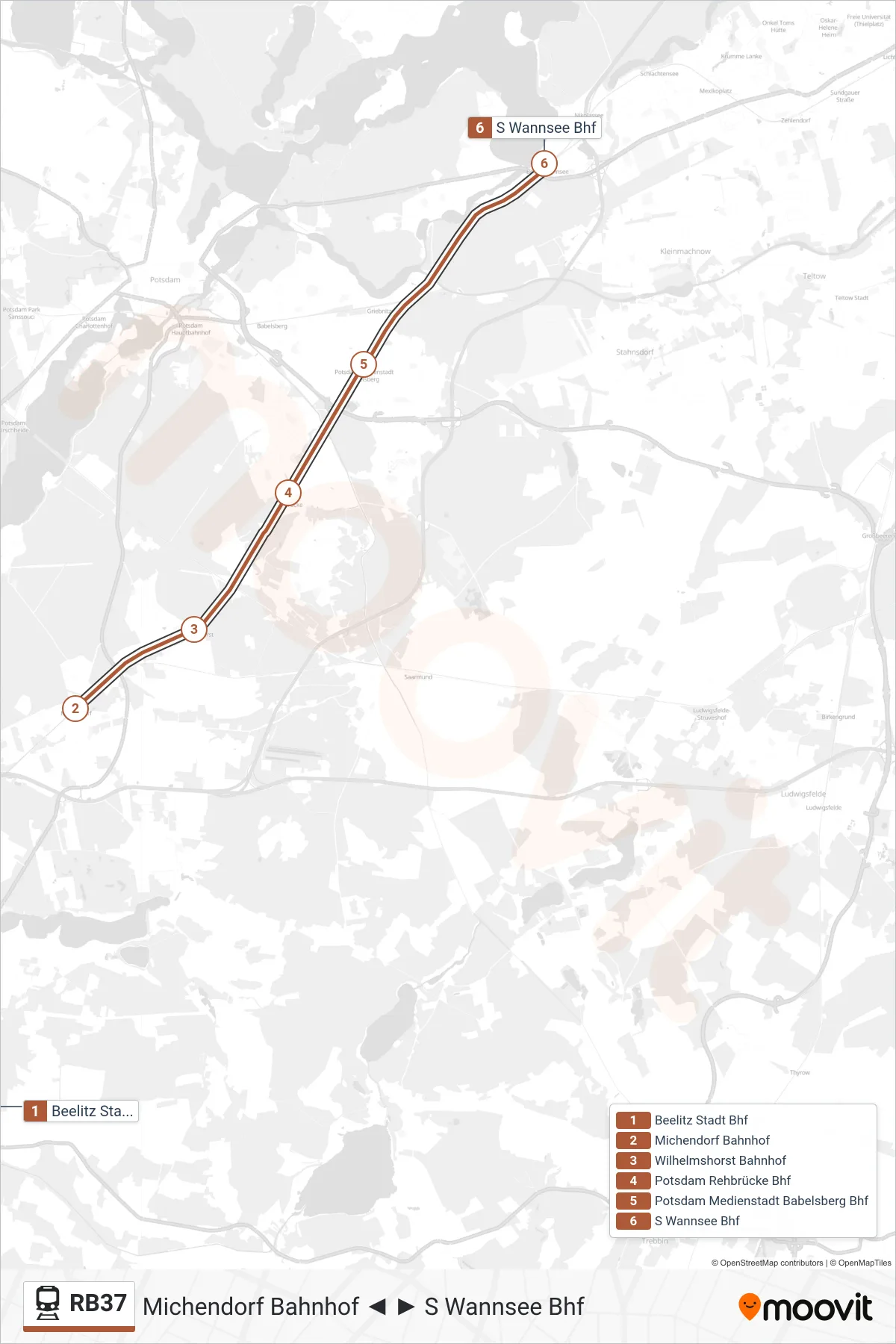 RB37 train Line (S Wannsee Bhf) route and stops on a map