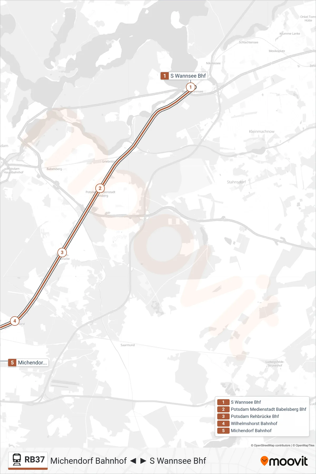 Linie RB37 (Bahn) Richtung Michendorf Bahnhof: Route und Haltestellen auf der Karte