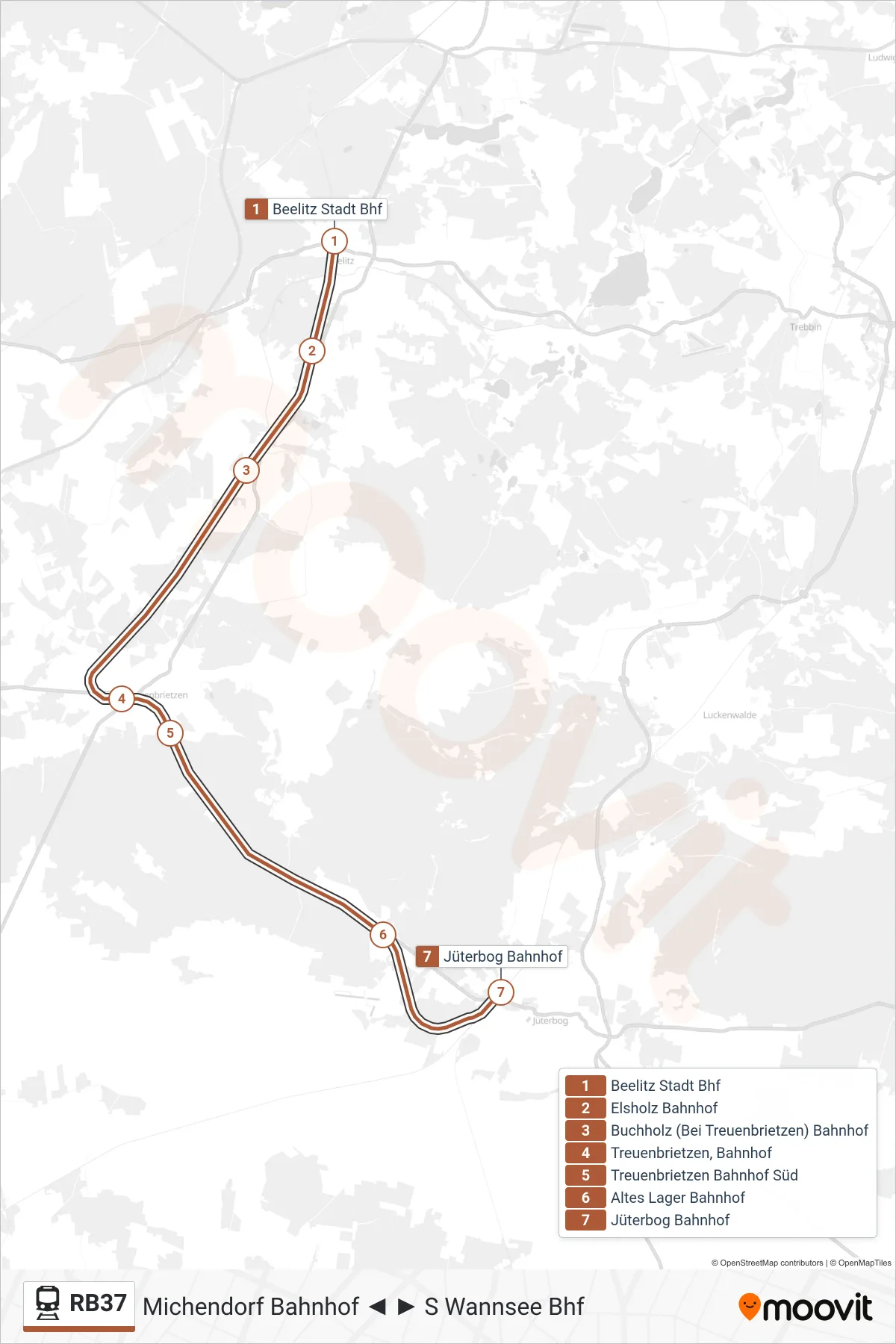 Linie RB37 (Bahn) Richtung Jüterbog Bahnhof: Route und Haltestellen auf der Karte