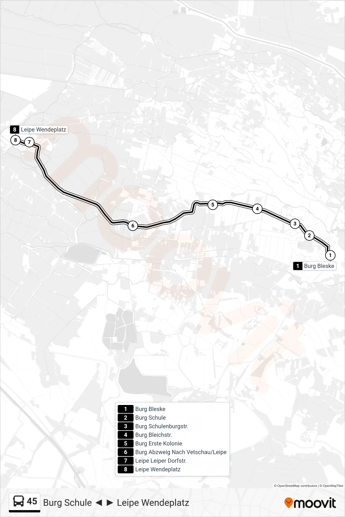 Linie 45 (Bus) Richtung Leipe Wendeplatz: Route und Haltestellen auf der Karte