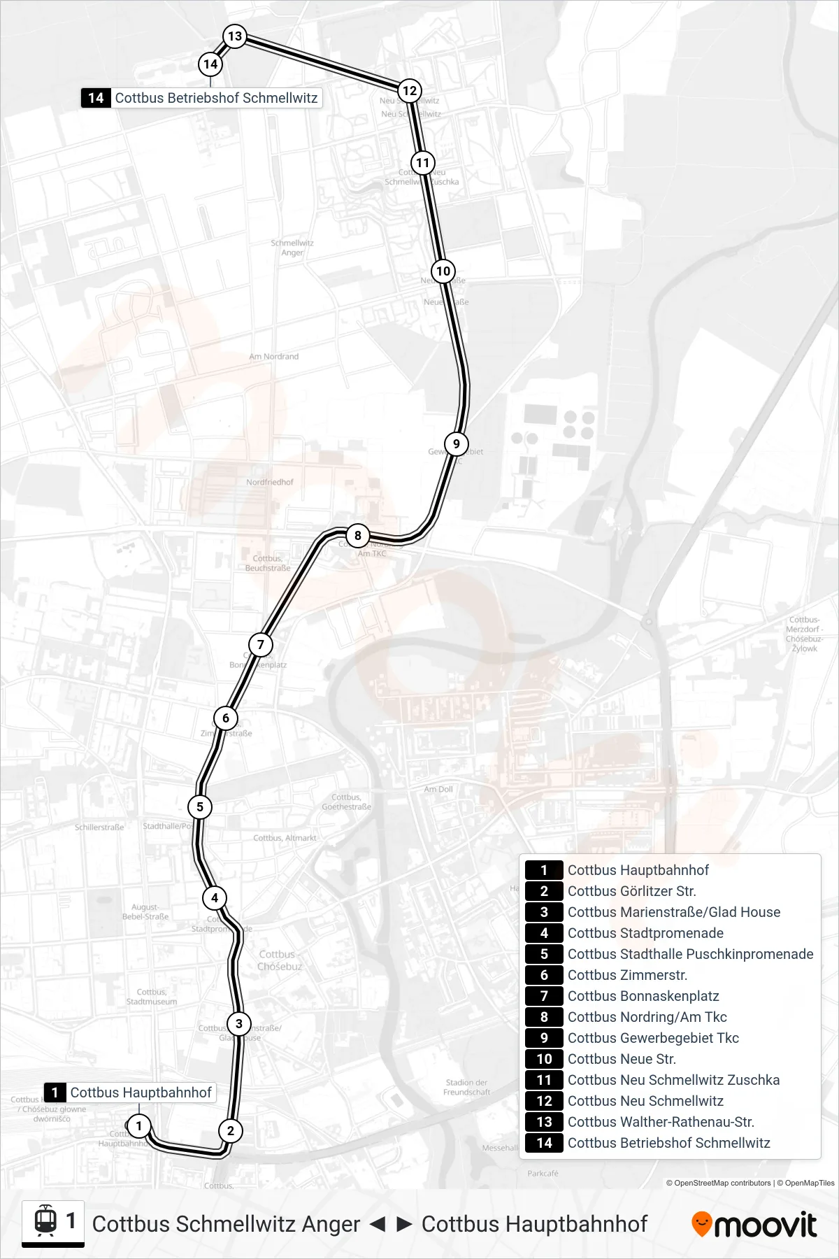 1 tram Line (Cottbus Betriebshof Schmellwitz) route and stops on a map